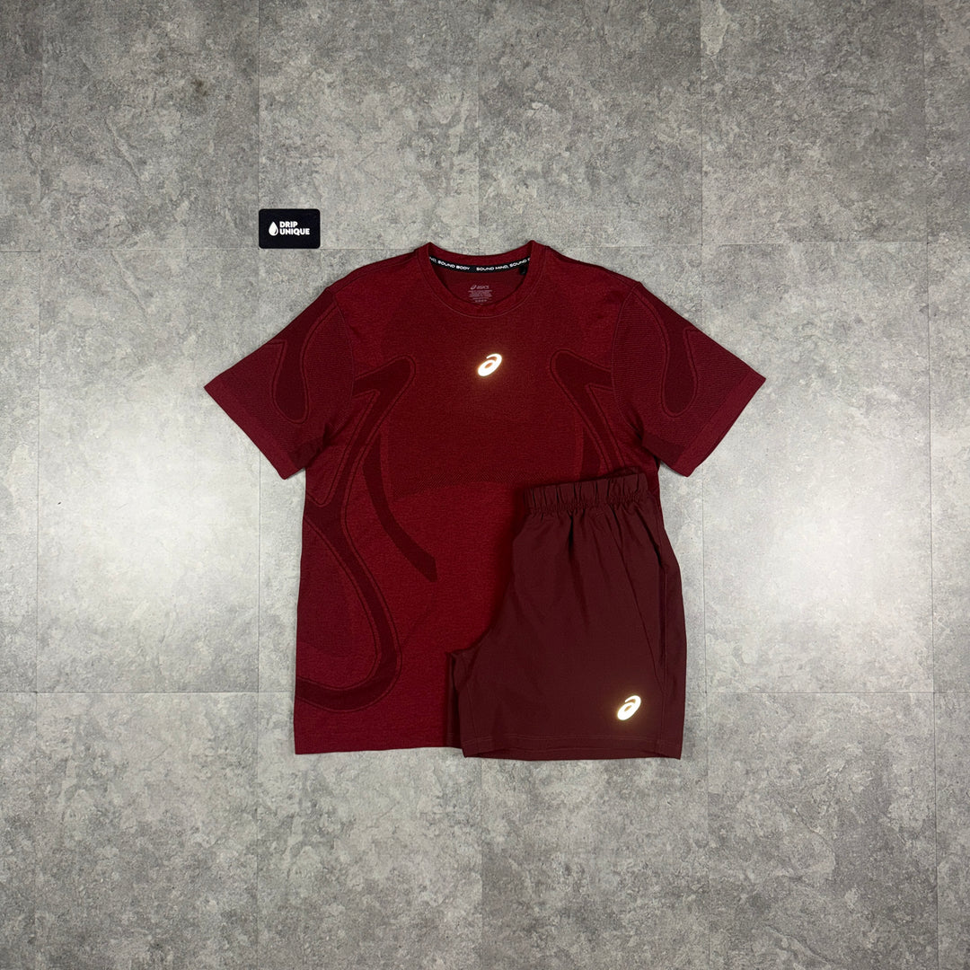 Asics Seamless T-Shirt Maroon & Maroon Core Shorts Set, asics set, dripuniqueuk