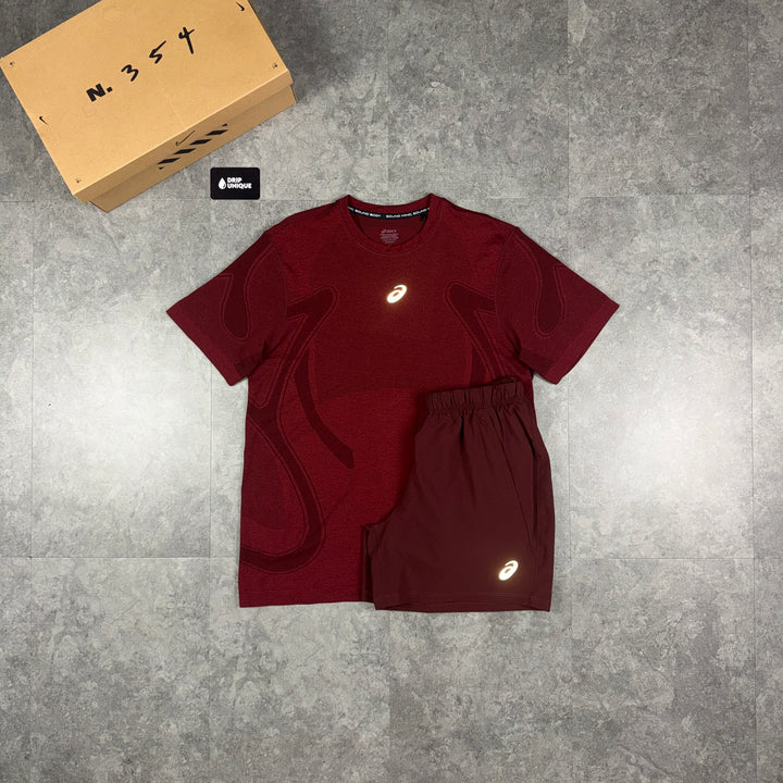 Asics Seamless T-Shirt Maroon & Maroon Core Shorts Set, asics tshirt set, dripuniqueuk