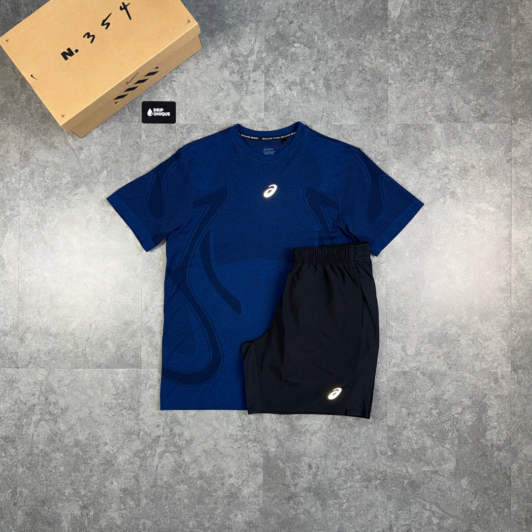 Asics Seamless T-Shirt Midnight Navy & Black Core Shorts Set, asics seamless set, dripuniqueuk