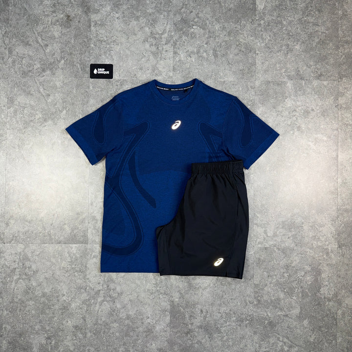 Asics Seamless T-Shirt Midnight Navy & Black Core Shorts Set, asics set, dripuniqueuk