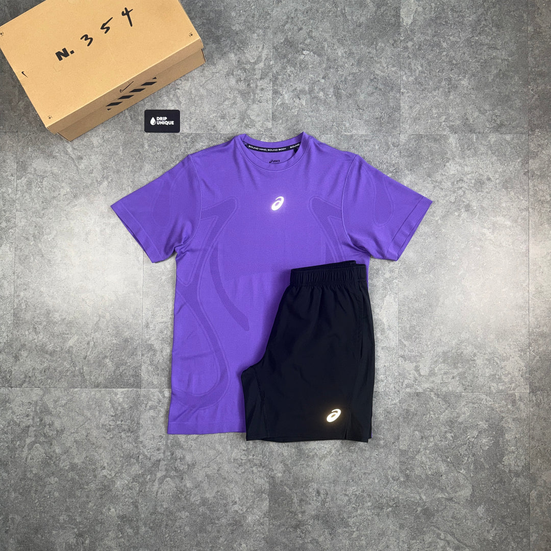 Asics Seamless T-Shirt Purple & Black Core Shorts Set, asics seamless set, dripuniqueuk