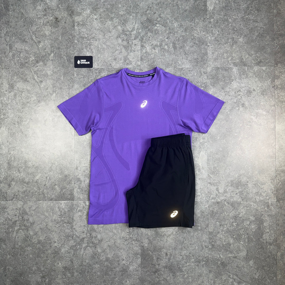 Asics Seamless T-Shirt Purple & Black Core Shorts Set, asics set, dripuniqueuk