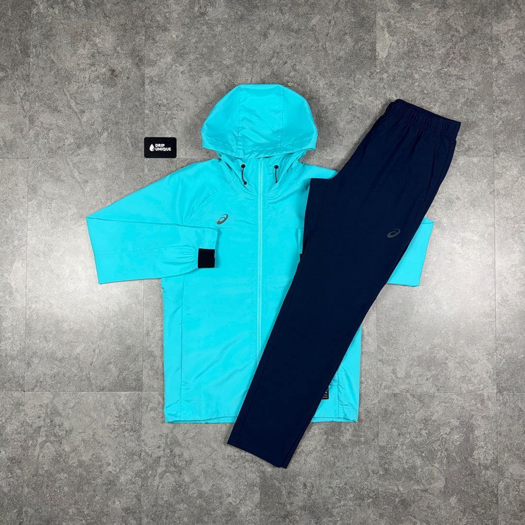 Asics Spiral Windrunner Jacket Turquoise & Navy Woven Pants Set asics set, dripuniqueuk