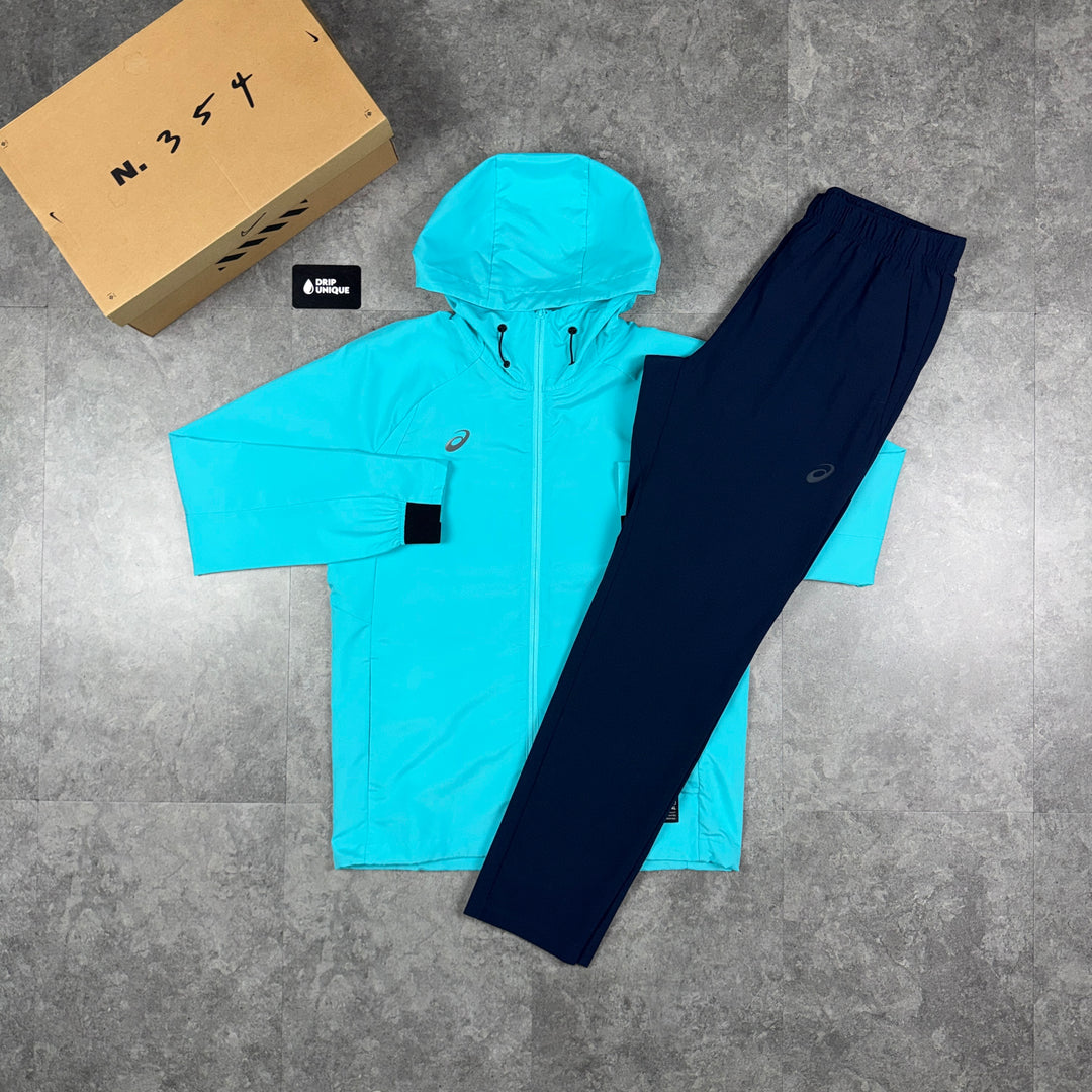 Asics Spiral Windrunner Jacket Turquoise & Navy Woven Pants Set, asics tracksuit, dripuniqueuk