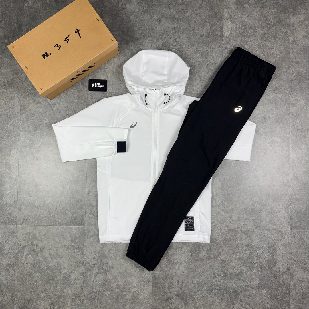 Asics Spiral Windrunner Jacket White & Black Core Pants Set, asics jacket set, dripuniqueuk