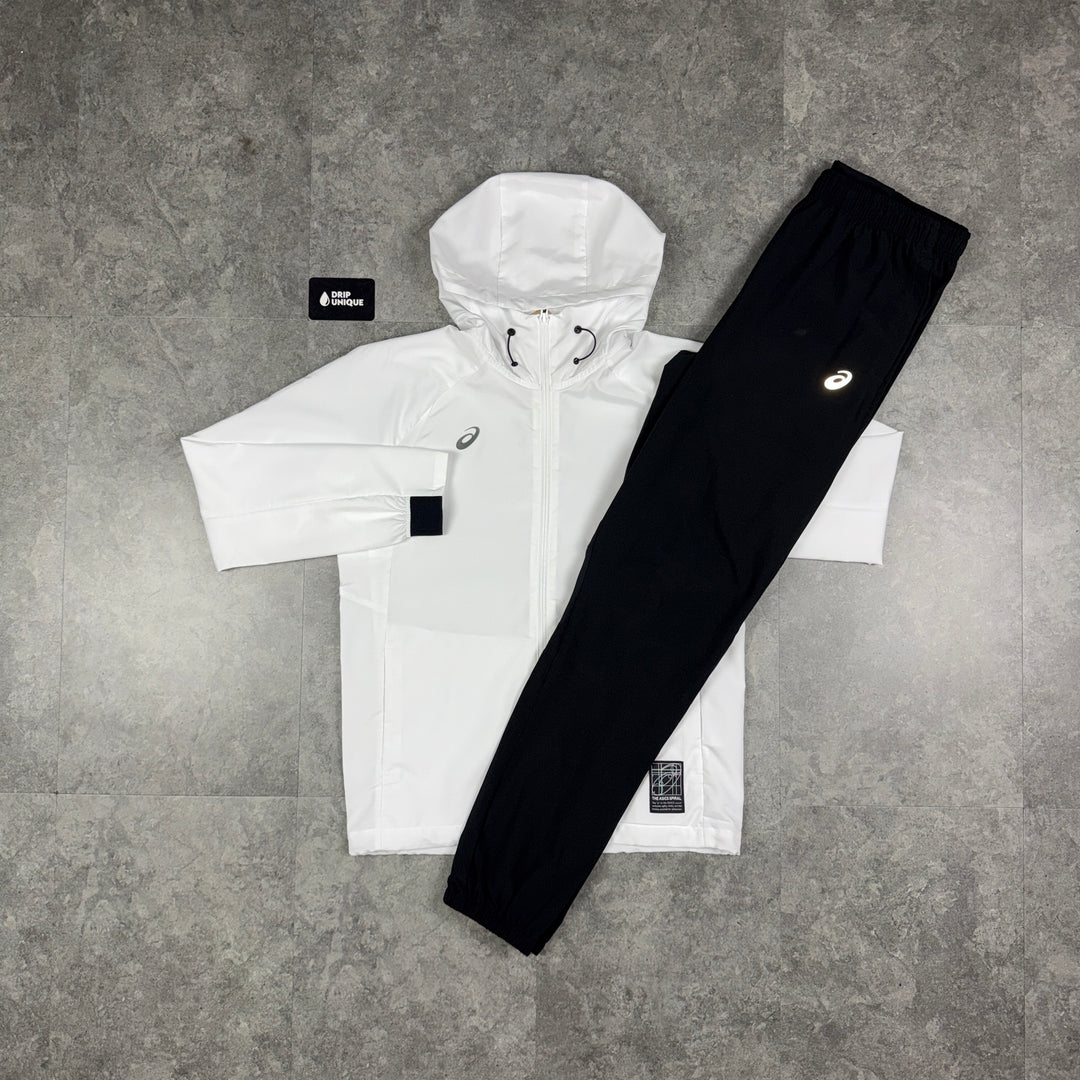 Asics Spiral Windrunner Jacket White & Black Core Pants Set, asics set, dripuniqueuk