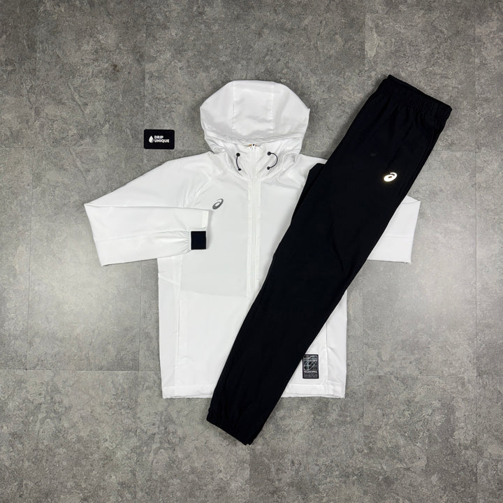 Asics Spiral Windrunner Jacket White & Black Core Pants Set, asics set, dripuniqueuk
