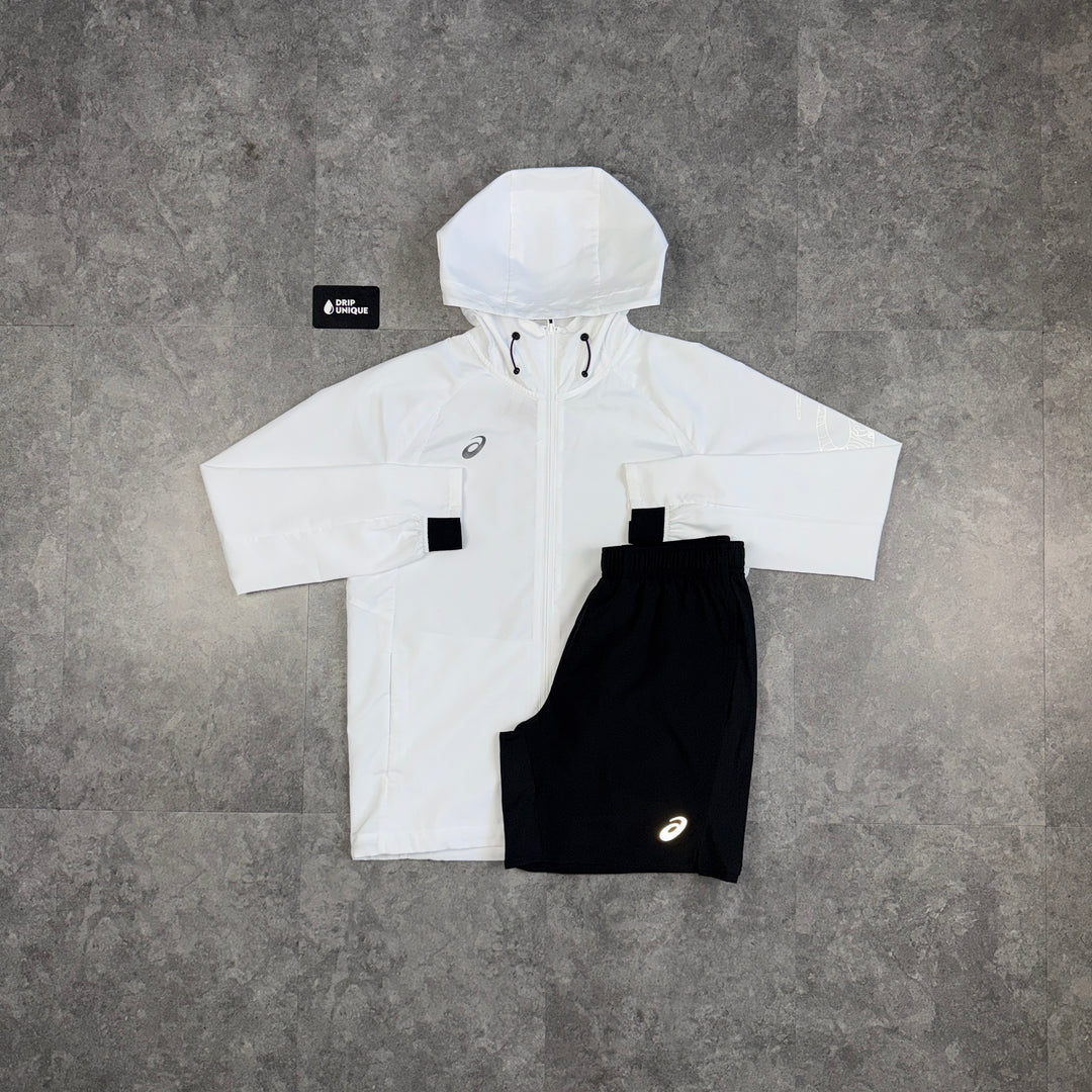 Asics Spiral Windrunner Jacket White & Black Core Shorts Set, asics set, dripuniqueuk