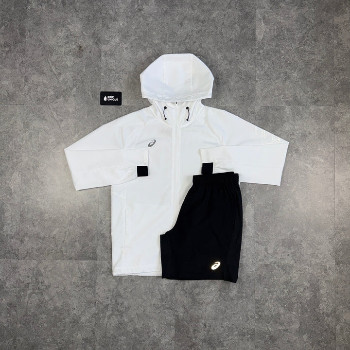 Asics Spiral Windrunner Jacket White & Black Core Shorts Set, asics set, dripuniqueuk