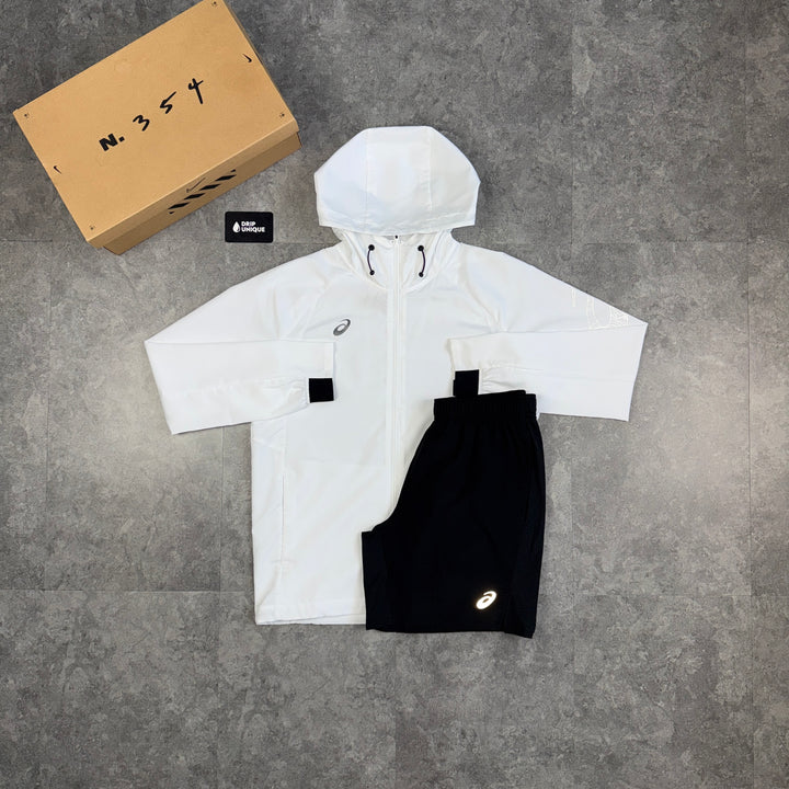 Asics Spiral Windrunner Jacket White & Black Core Shorts Set, asics windrunner set, dripuniqueuk