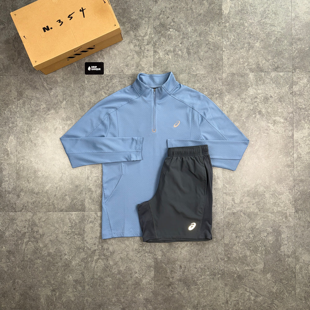Asics Therma 1/4 Zip Top Ash Blue & Grey Core Shorts Set, asics 1/4 zip set, dripuniqueuk