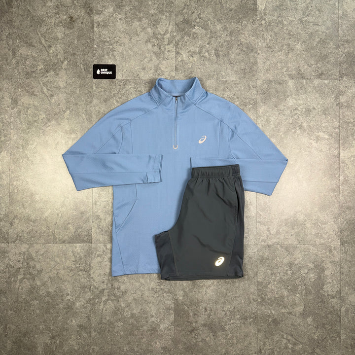 Asics Therma 1/4 Zip Top Ash Blue & Grey Core Shorts Set, asics set, dripuniqueuk