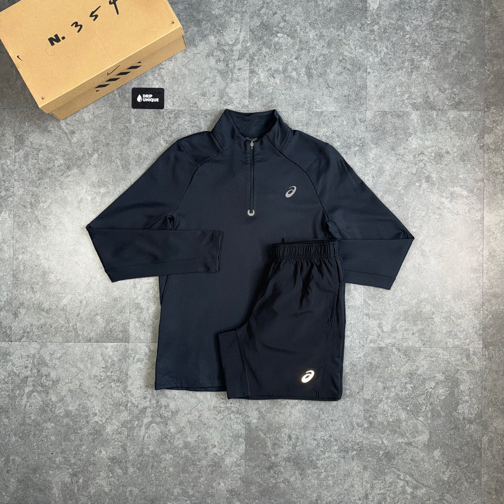 Asics Therma 1/4 Zip Top Black & Black Core Shorts Set, asics set, dripuniqueuk