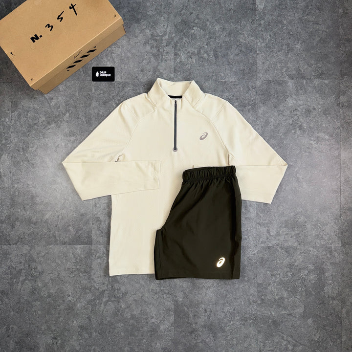 Asics Therma 1/4 Zip Top Cream & Brown Core Shorts Set, asics 1/4 zip set, dripuniqueuk