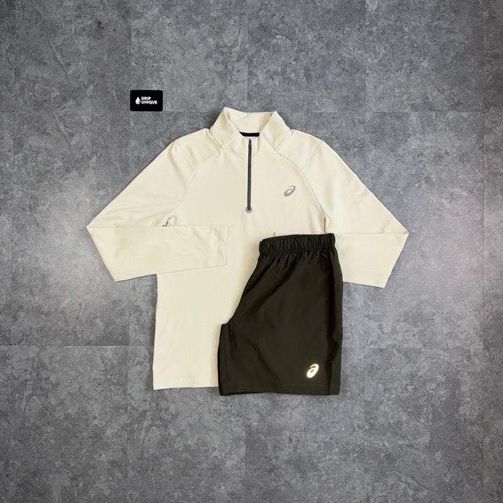 Asics Therma 1/4 Zip Top Cream & Brown Core Shorts Set, asics set, dripuniqueuk