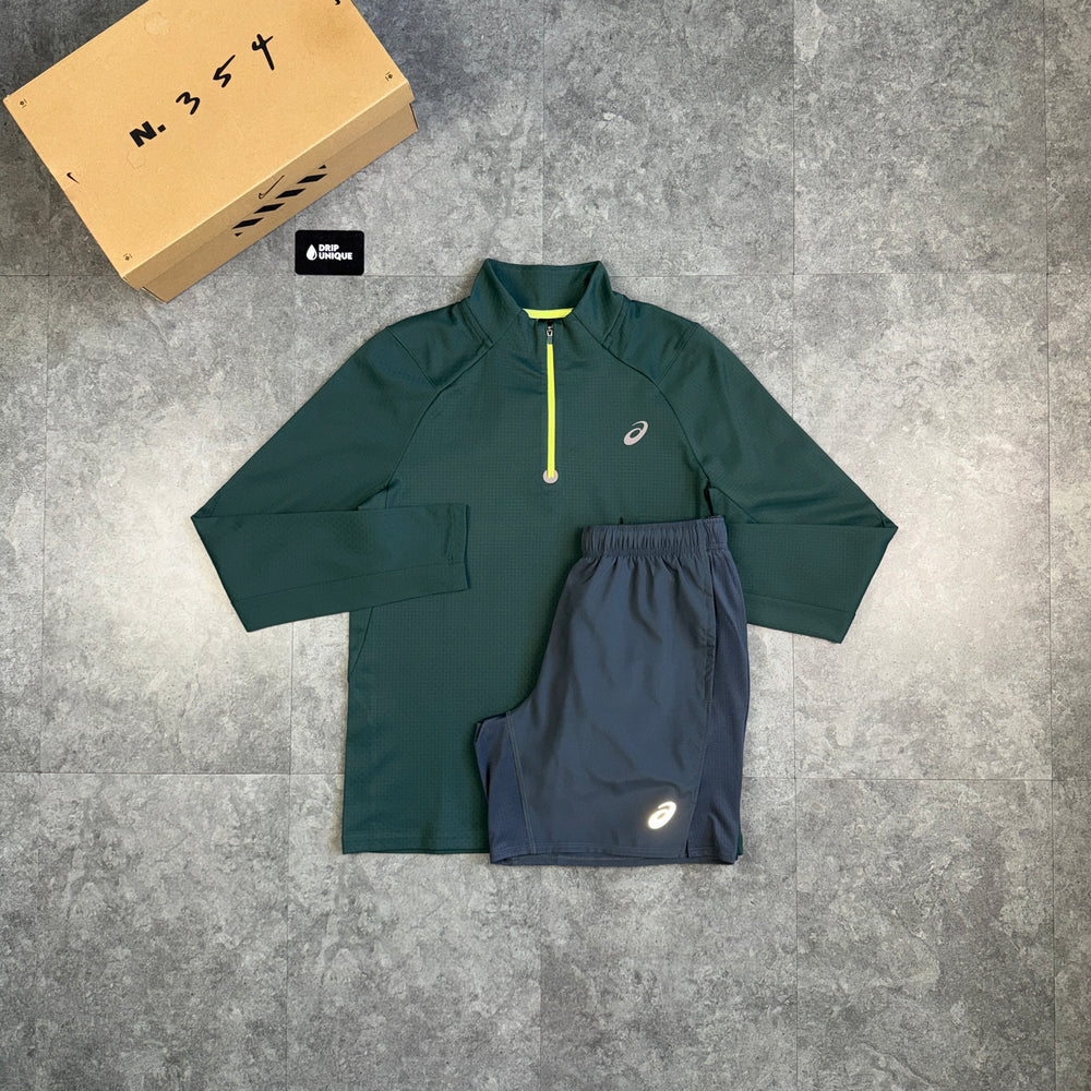 Asics Therma 1/4 Zip Top Forest Green & Grey Core Shorts Set, asics 1/4 zip set, dripuniqueuk