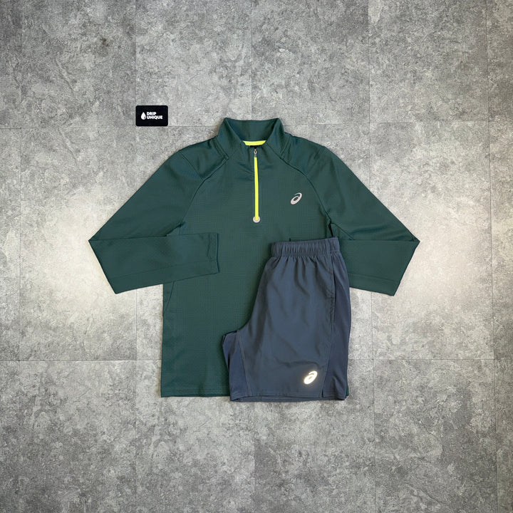 Asics Therma 1/4 Zip Top Forest Green & Grey Core Shorts Set, asics set, dripuniqueuk