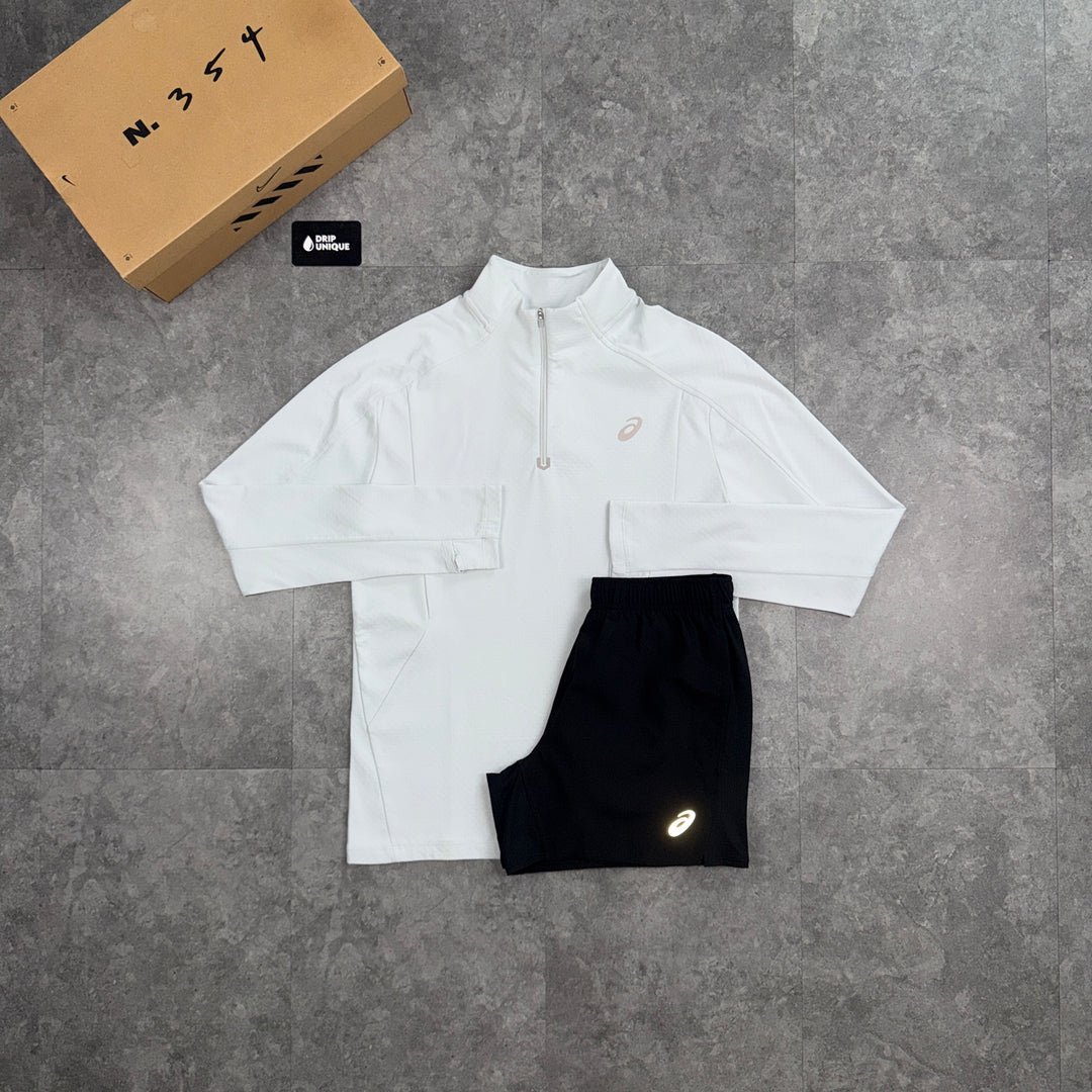 Asics Therma 1/4 Zip Top Ice White & Black Core Shorts Set, asics set, dripuniqueuk