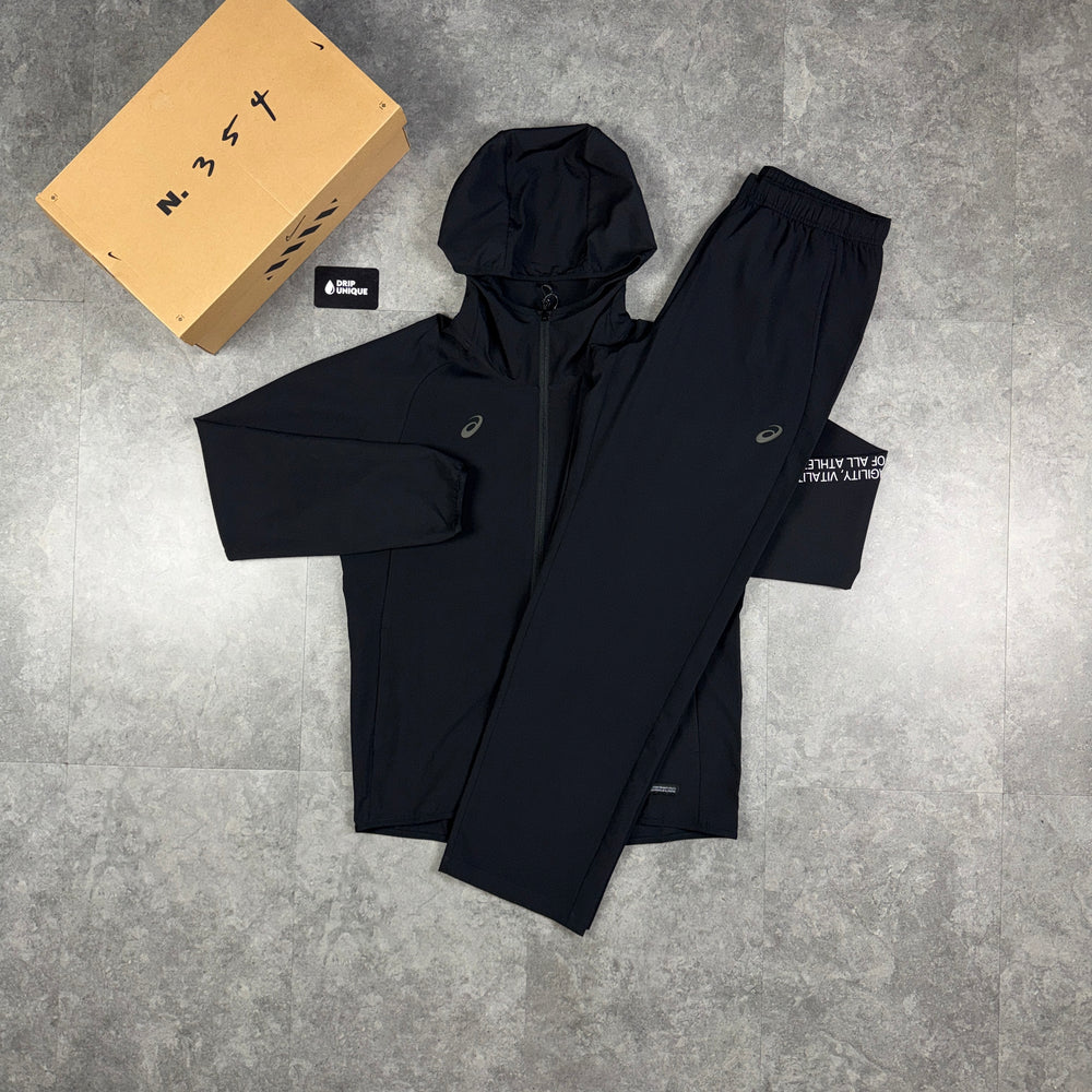 Asics Waterproof 'Agility' Elastic Woven Tracksuit Black, asics tracksuit, dripuniqueuk