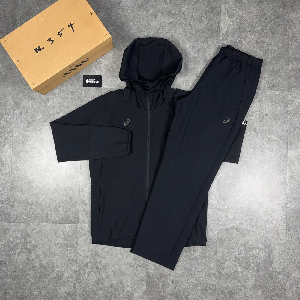 Asics Waterproof 'Agility' Elastic Woven Tracksuit Black, asics windrunner set, dripuniqueuk