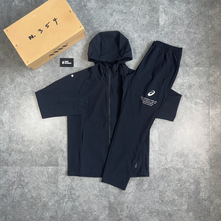 Asics Waterproof Elastic Woven Tracksuit Black, asics tracksuit, dripuniqueuk