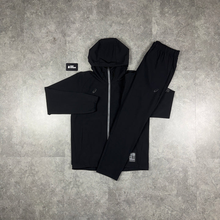 Asics Waterproof Elastic Woven Tracksuit Black, asics tracksuit, dripuniqueuk