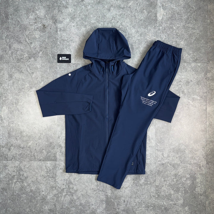 Asics Waterproof Elastic Woven Tracksuit Navy, asics tracksuit, dripuniqueuk