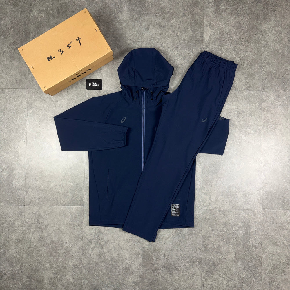 Asics Waterproof Elastic Woven Tracksuit Navy, navy asics tracksuit, dripuniqueuk