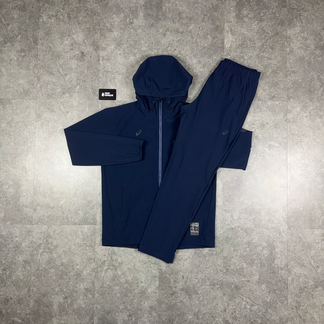 Asics Waterproof Elastic Woven Tracksuit Navy, navy asics set, dripuniqueuk