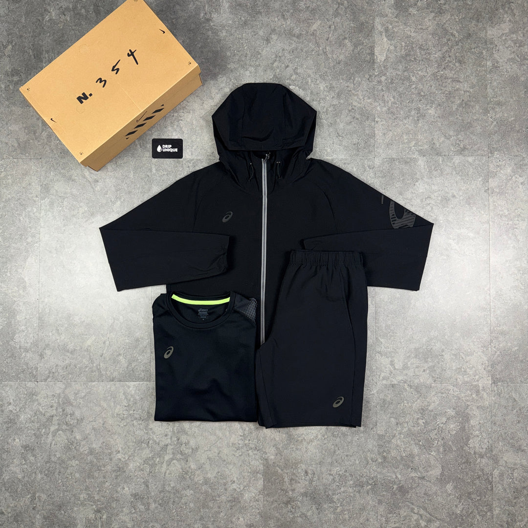 Asics Waterproof Windrunner Black Bundle, asics black three piece, dripuniqueuk