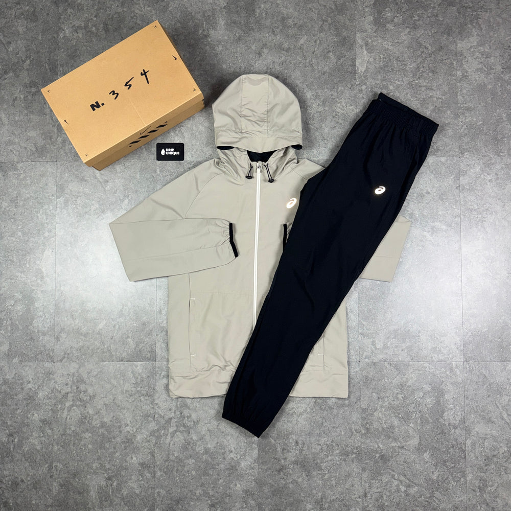 Asics Woven Windrunner Jacket Beige & Black Core Pants Set, asics windrunner set, dripuniqueuk