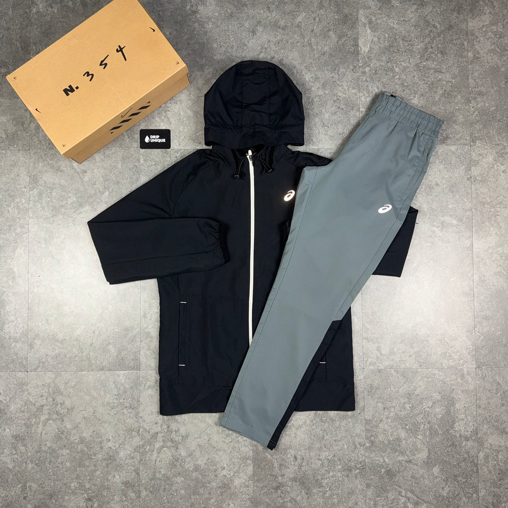 Asics Woven Windrunner Jacket Black & Grey Core Pants Set, asics jacket set, dripuniqueuk