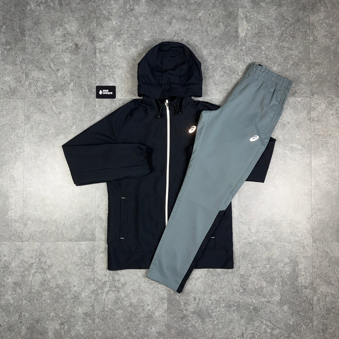 Asics Woven Windrunner Jacket Black & Grey Core Pants Set, asics set, dripuniqueuk