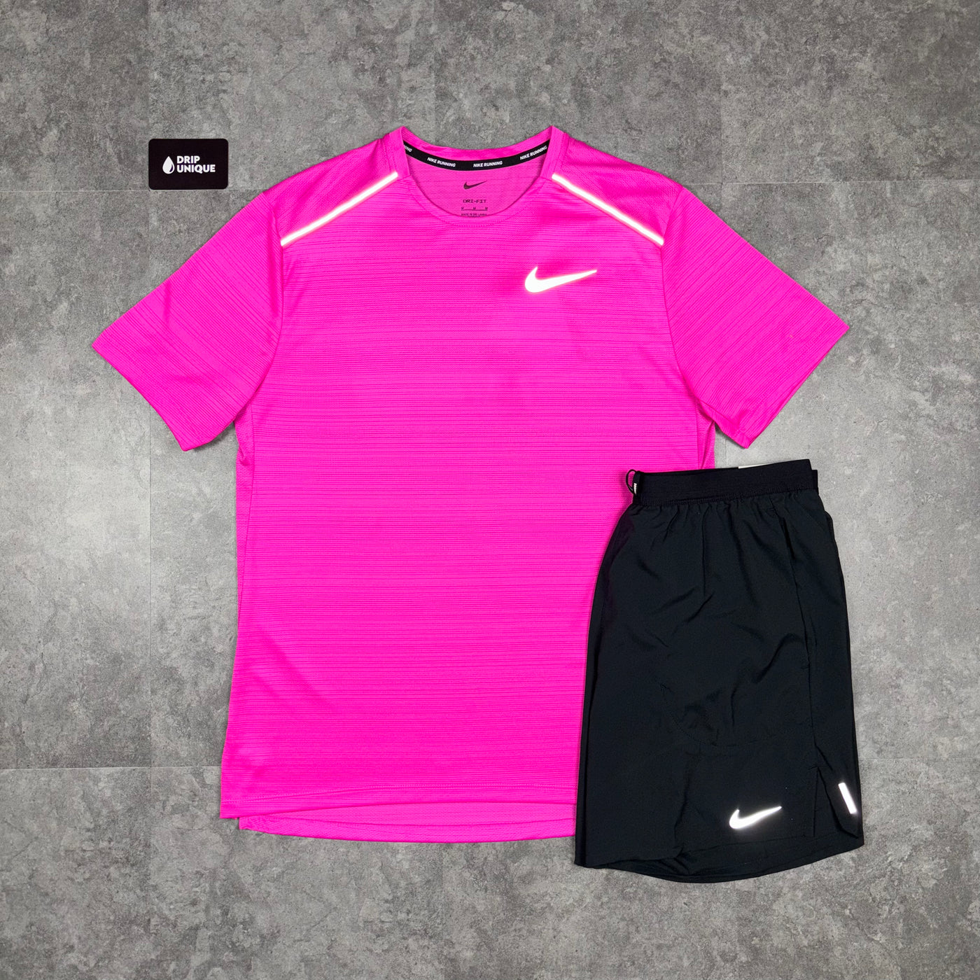 Men's Nike Miler T-Shirt Hot Pink, paired with the black flex stride shorts from Nike, dripuniqueuk