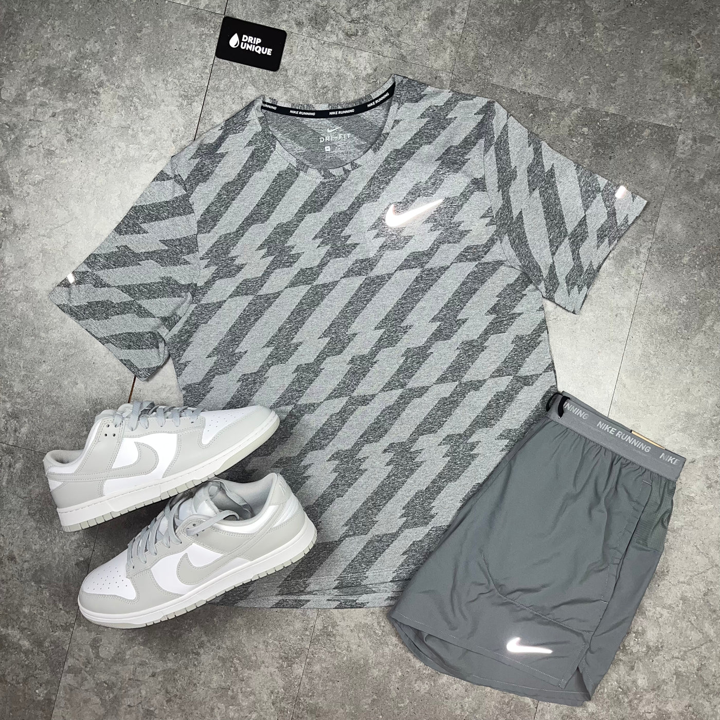 Men's Jacquard Nike Miler T-Shirt Grey & Grey Flex Stride Shorts Set, paired with the nike dunk low grey fog trainers, dripuniqueuk