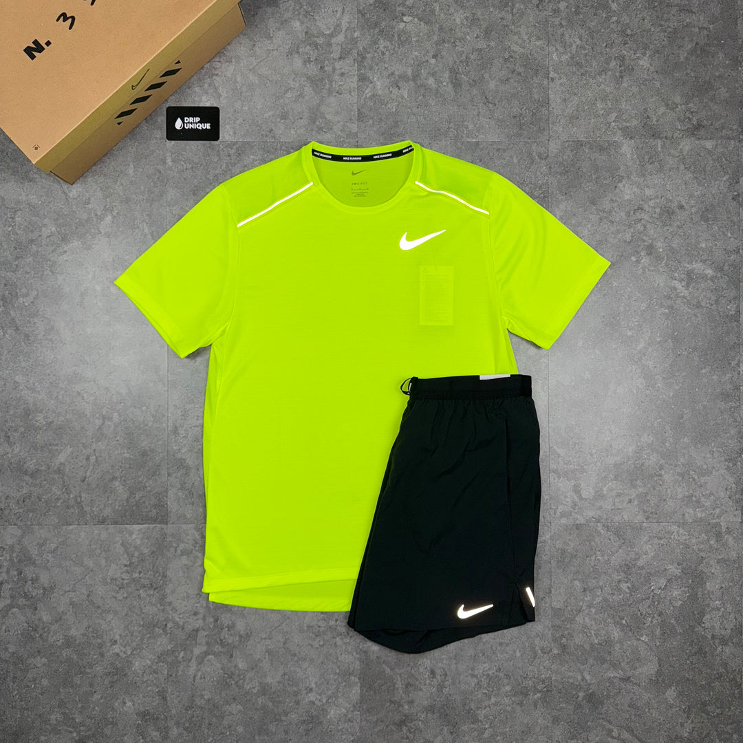 Nike Miler T-Shirt Neon Green & Black Flex Stride Shorts Set