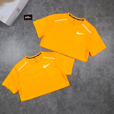 Men's Nike Miler T-Shirt Laser Orange, showcasing the front design, as a pair, dripuniqueuk