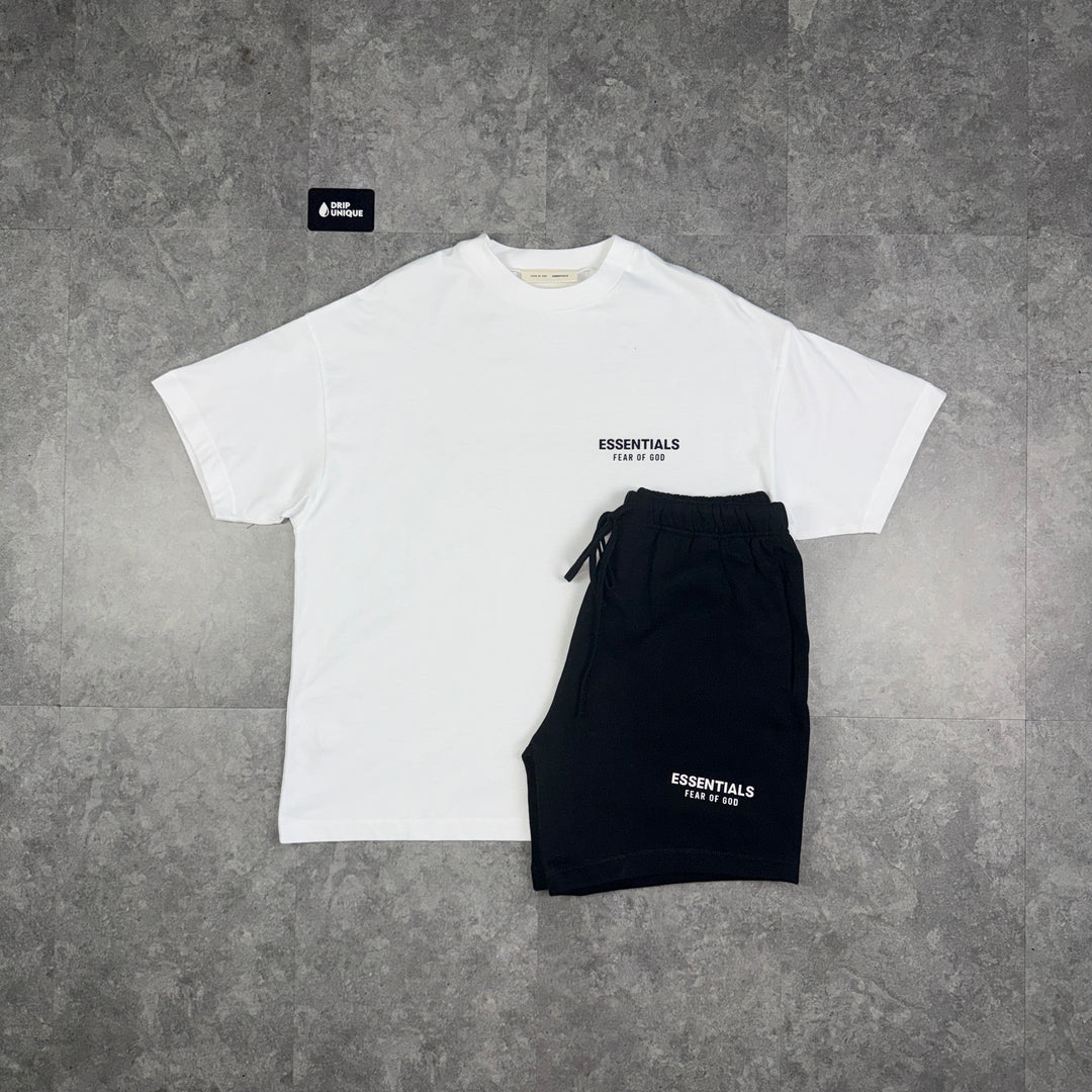 Essentials SS25 T-Shirt Bright White & Jet Black Shorts Set, essentials set, dripuniqueuk