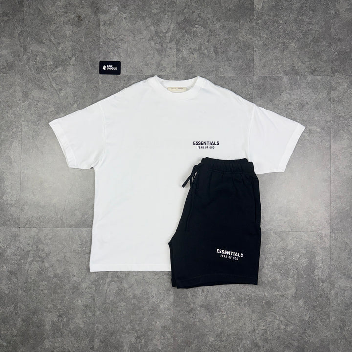Essentials SS25 T-Shirt Bright White & Jet Black Shorts Set, essentials set, dripuniqueuk