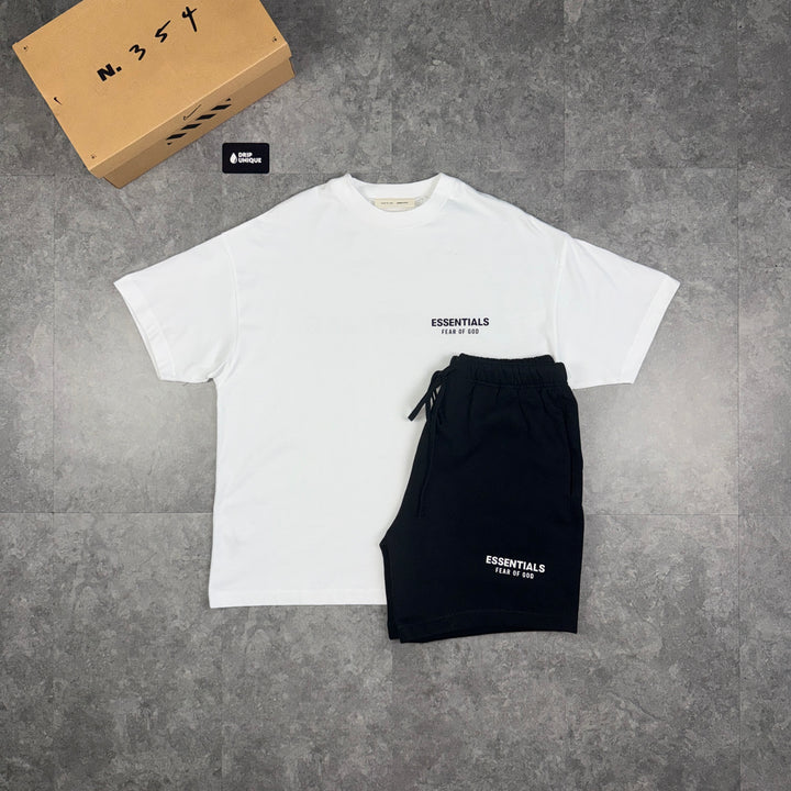 Essentials SS25 T-Shirt Bright White & Jet Black Shorts Set, essentials tshirt set, dripuniqueuk