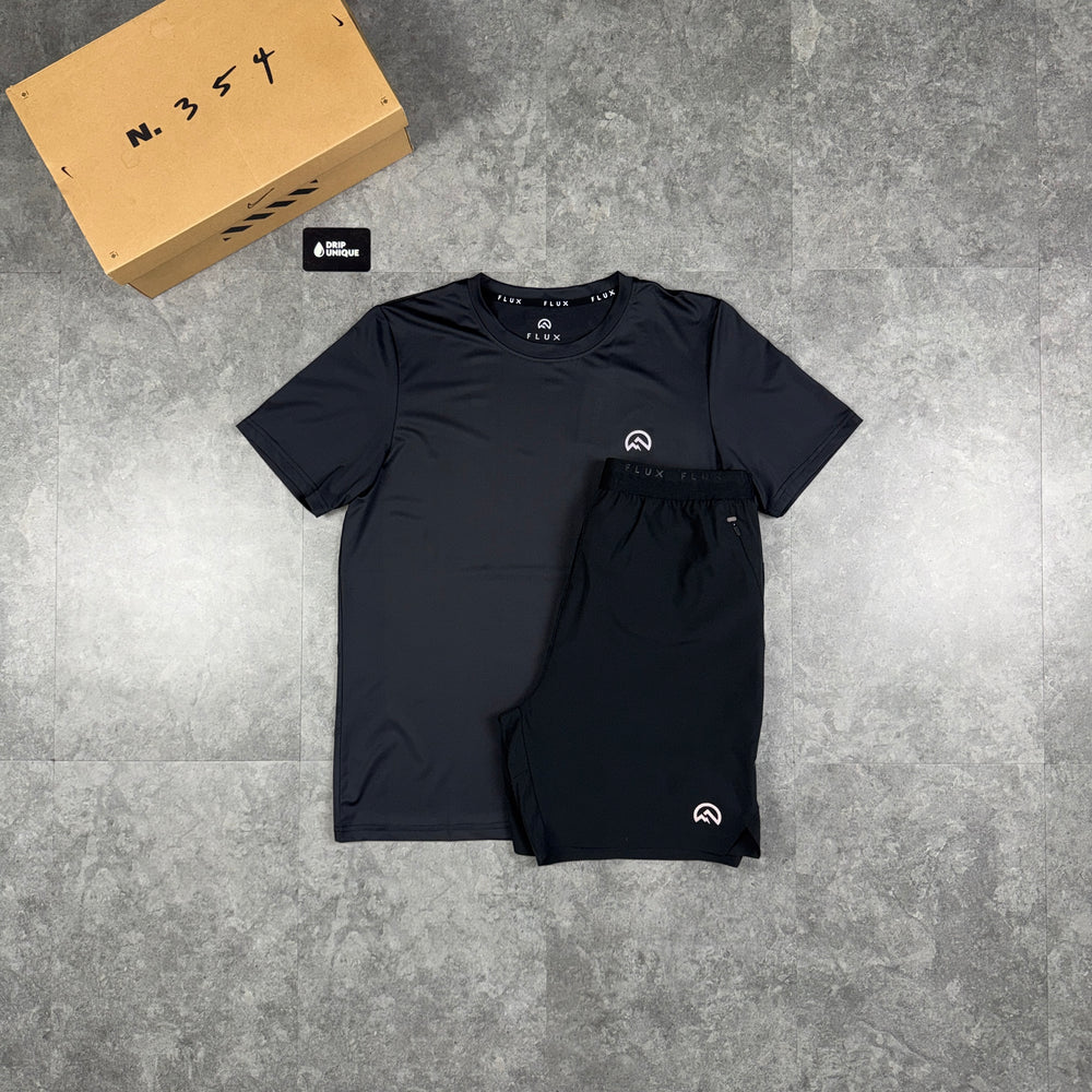 Flux Graphic Logo T-Shirt Black & Black Tech Shorts Set, flux tshirt set, dripuniqueuk