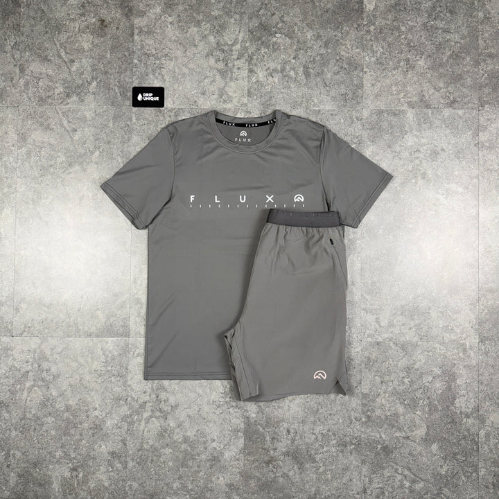 Flux Graphic Logo T-Shirt Grey & Grey Tech Shorts Set, flux set, dripuniqueuk
