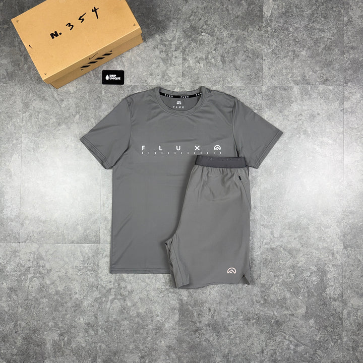 Flux Graphic Logo T-Shirt Grey & Grey Tech Shorts Set, flux tshirt set, dripuniqueuk