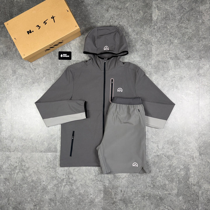 Flux Versatility Windrunner Jacket Grey / Slate & Grey Shorts Set, flux jacket set, dripuniqueuk