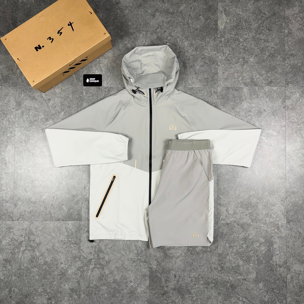 Flux Waterproof Madge Windrunner Jacket Concrete / Silver & Concrete Shorts Set, flux jacket set, dripuniqueuk