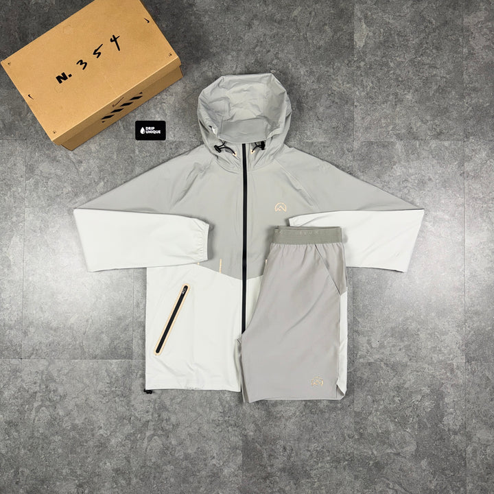 Flux Waterproof Madge Windrunner Jacket Concrete / Silver & Concrete Shorts Set, flux jacket set, dripuniqueuk