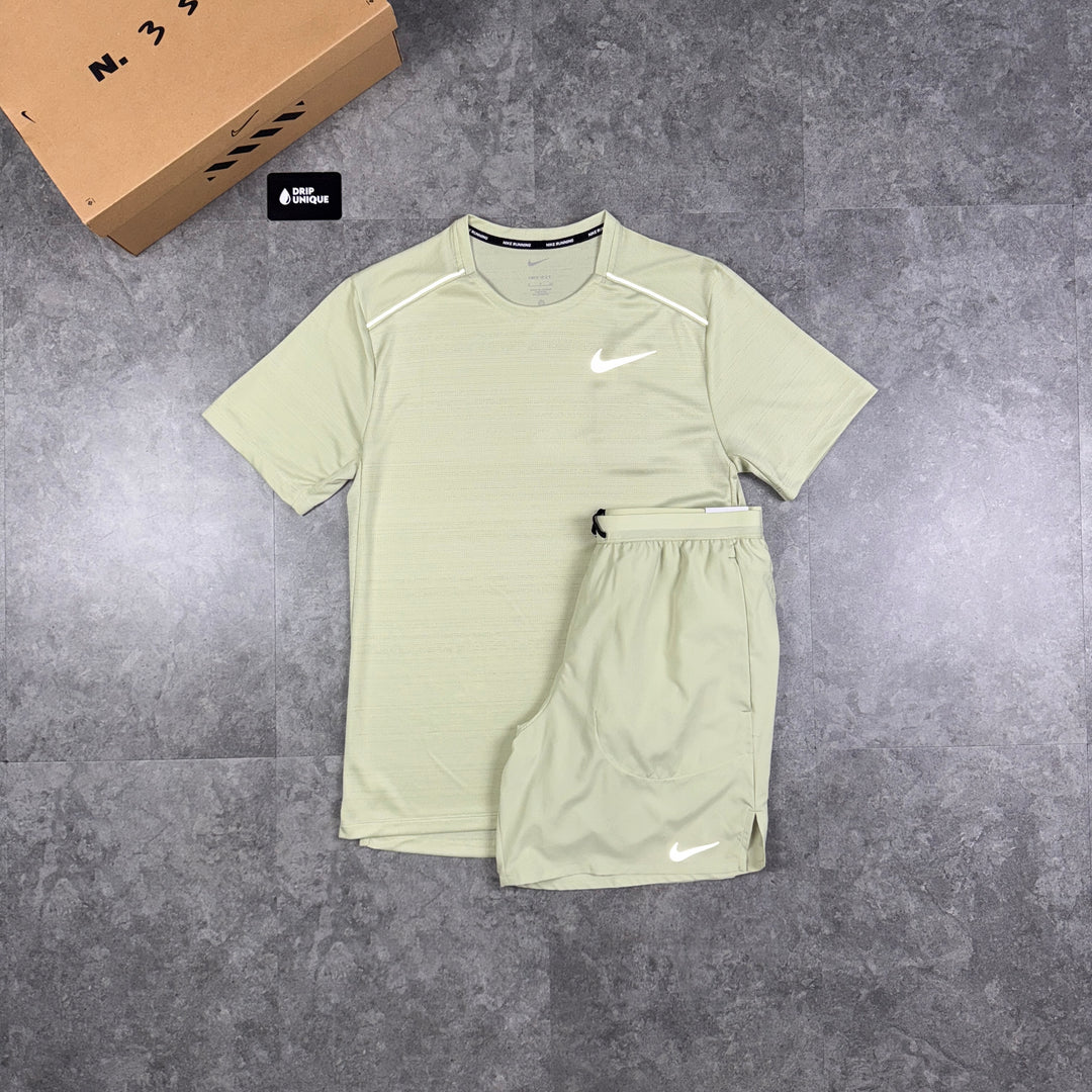 Nike Miler T-Shirt Olive Green & Olive Green Flex Stride Shorts Set