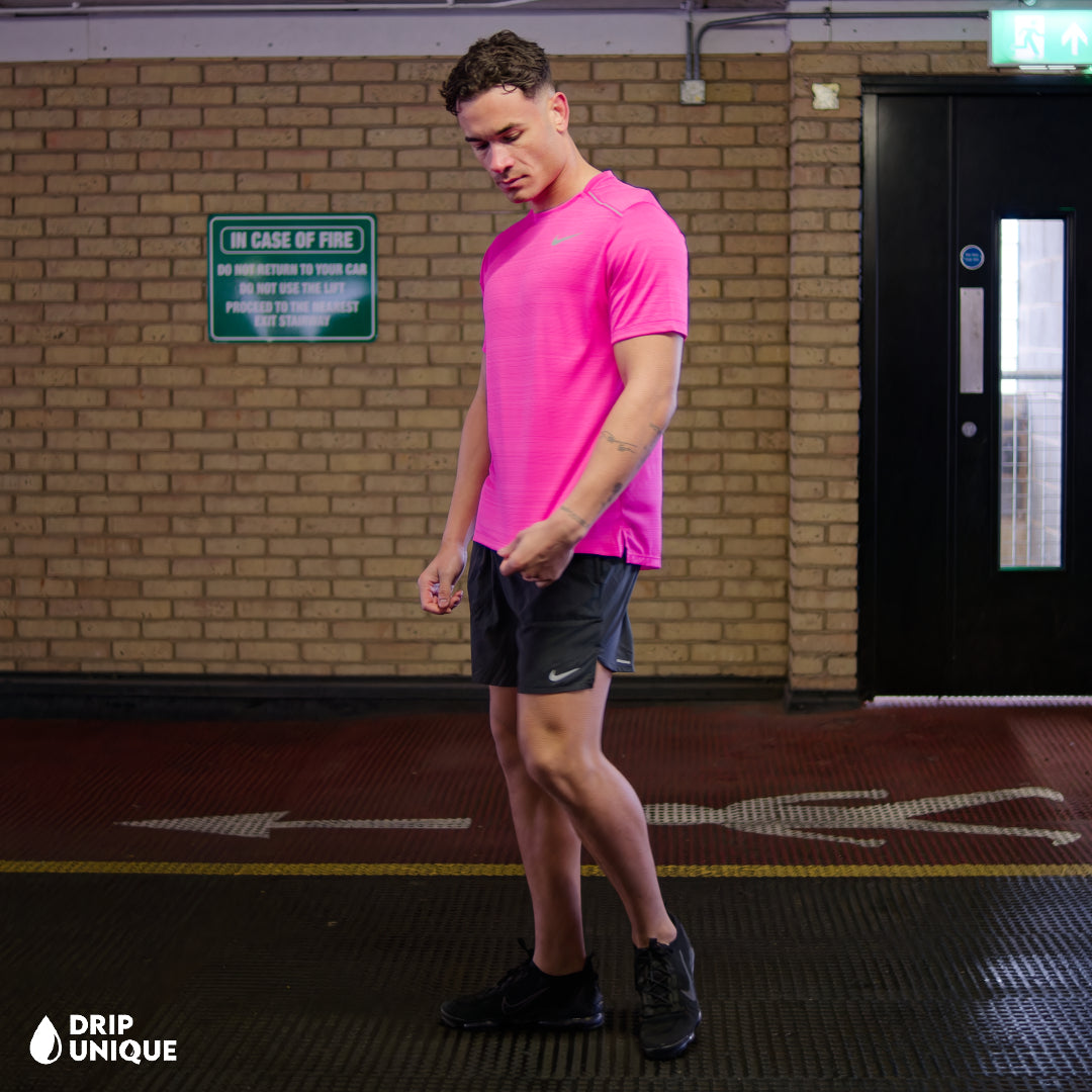 Men's Nike Miler T-Shirt Hot Pink, showcasing the front design paired with the Black Flex Stride shorts from Nike, dripuniqueuk
