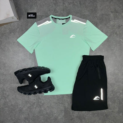 Men's ActiveLine Summit Mint T-Shirt & Endurance Shorts Set, combined with the black on running trainers to complete the look dripuniqueuk