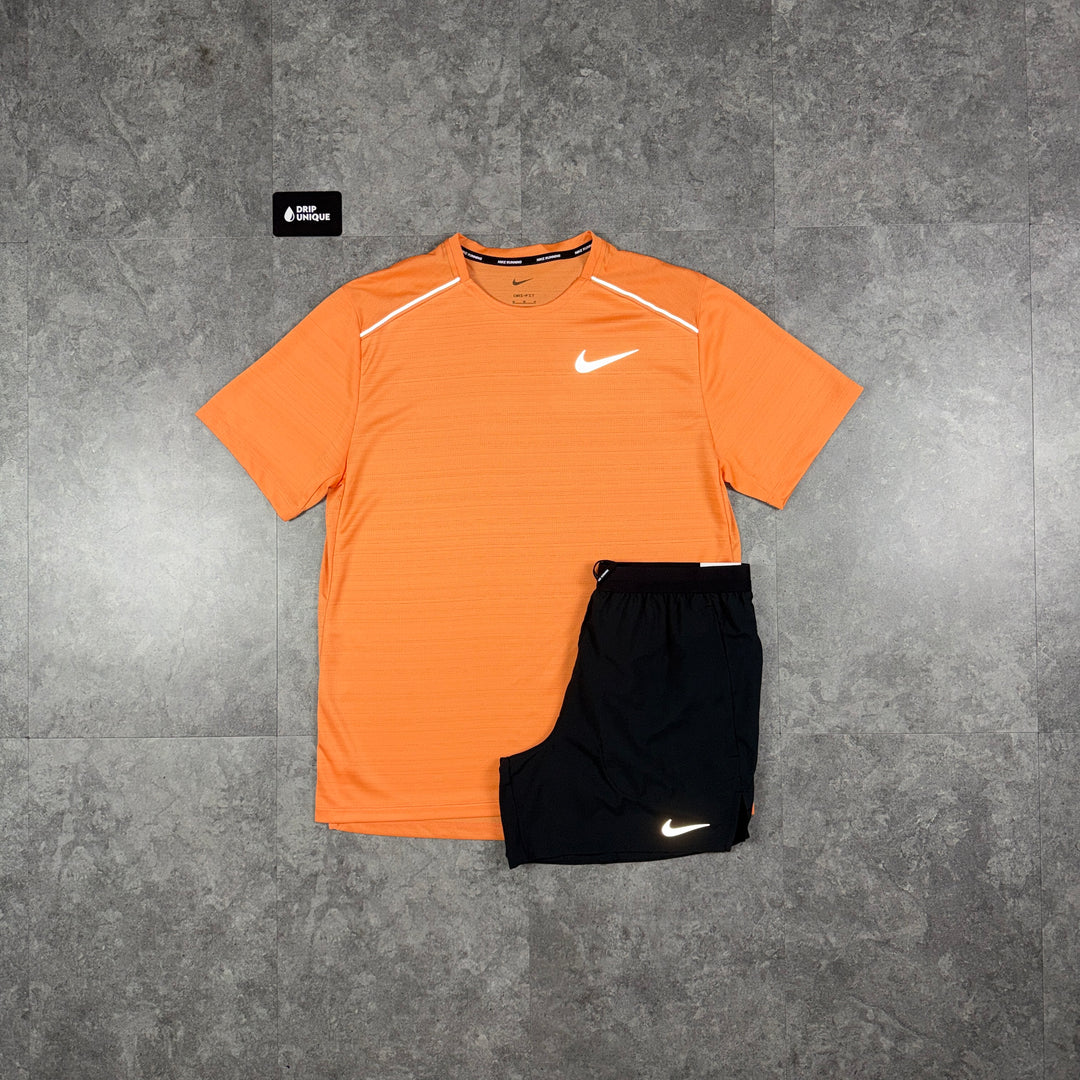 Nike Miler T-Shirt Orange Trance & Black Flex Stride Shorts Set